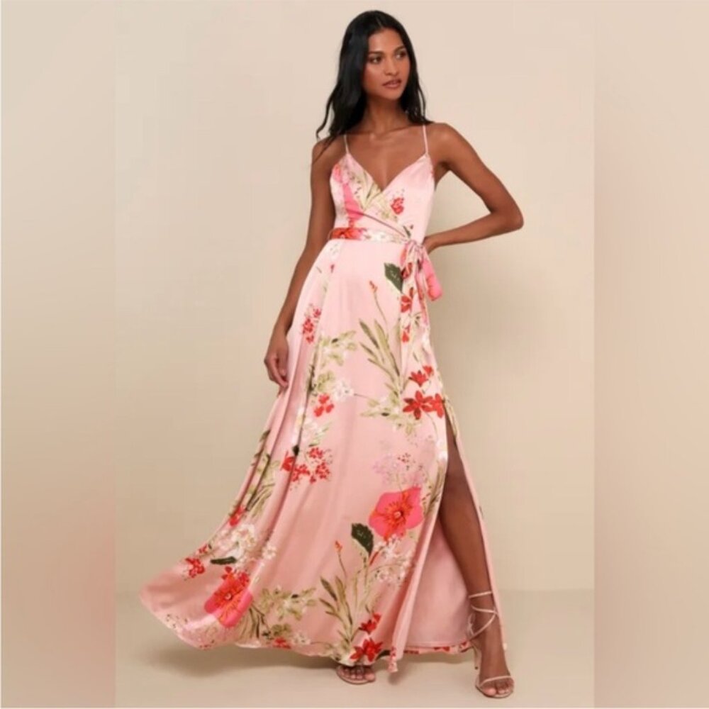 Still the One Blush Pink Floral Print Satin Maxi Dress small nwt